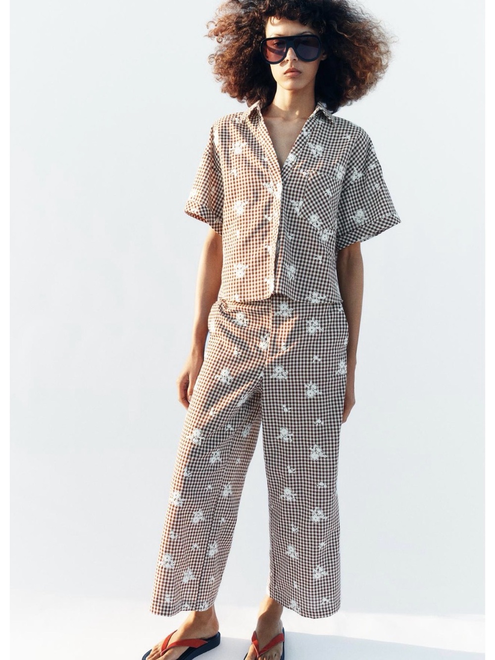 Embroidered Gingham flowers embroidered Short-Sleeve Button-Up Top Zara size M